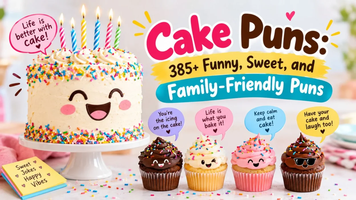 Cake puns with a colorful birthday cake and cupcakes featuring funny family-friendly sayings