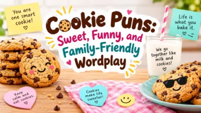 Cookie puns with chocolate chip cookies, a glass of milk, and sweet, family-friendly wordplay.