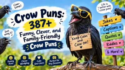 Funny crow puns infographic with a laughing crow wearing yellow sunglasses and a Keep Calm and Caw On sign.