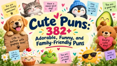 Cute puns graphic with adorable animals, cupcake, avocado, frog, and cheerful family-friendly wordplay