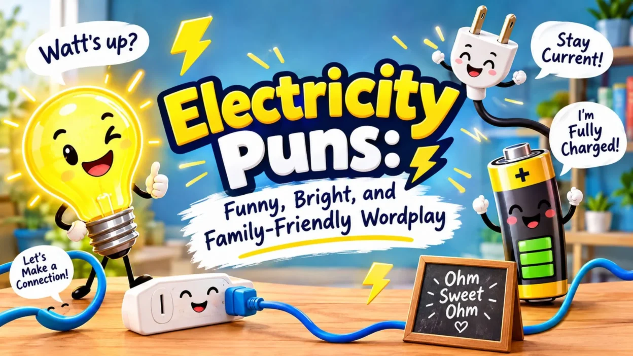 Funny electricity puns with smiling light bulb, battery, and plug characters in a bright cartoon scene.