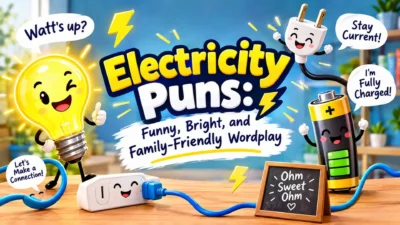 Funny electricity puns with smiling light bulb, battery, and plug characters in a bright cartoon scene.