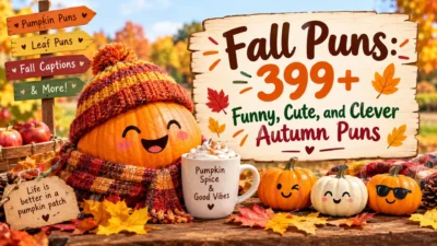 Fall puns with a smiling pumpkin, cozy autumn scarf, pumpkin spice mug, colorful leaves, and a rustic wooden sign.