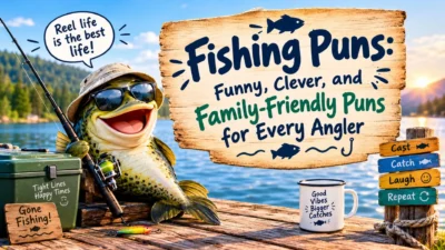 Funny fishing puns with a smiling fish in sunglasses, a fishing rod, and a scenic lakeside setting.