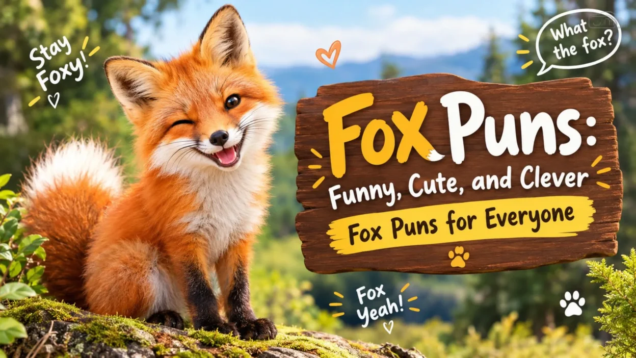 A playful red fox winking beside a wooden sign featuring funny, cute, and clever fox puns in a sunny forest.