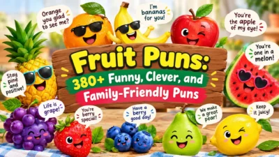 Colorful cartoon fruits with funny speech bubbles for a family-friendly fruit puns collection