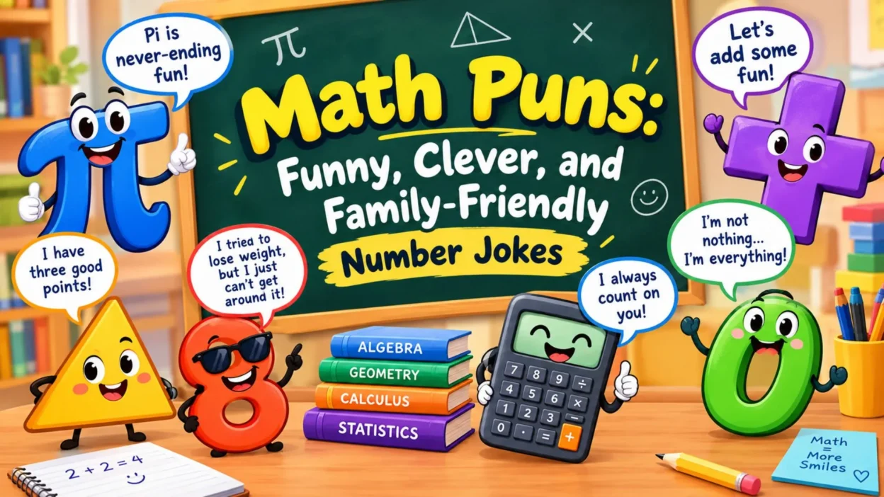 Math puns cartoon featuring smiling numbers, a calculator, colorful shapes, and funny family-friendly math jokes on a chalkboard.
