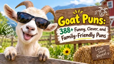 Funny goat wearing sunglasses beside a farm sign for 388+ goat puns