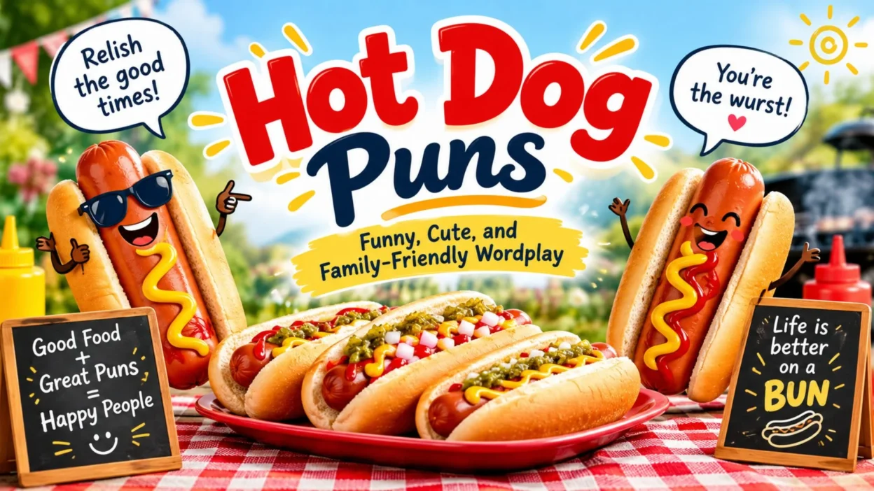 Funny hot dog puns illustration with smiling hot dogs, colorful toppings, and playful barbecue signs.