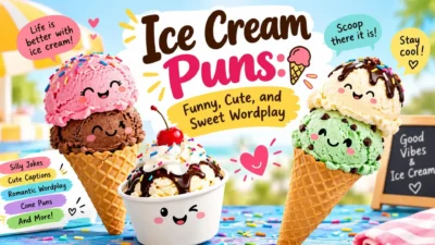 Funny ice cream puns with colorful scoops, sweet treats, and playful dessert-themed wordplay.