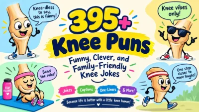 395+ knee puns featuring funny cartoon knee characters, clever jokes, captions, and family-friendly humor.