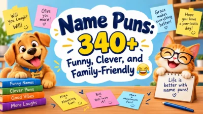Name Puns 340+ funny, clever, and family-friendly jokes with playful cartoon characters
