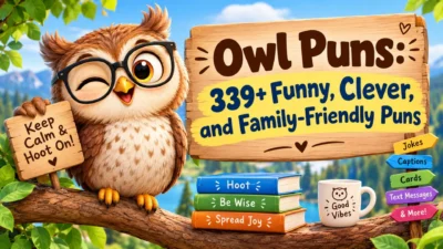 Cute owl wearing glasses beside a sign with 339+ funny and family-friendly owl puns