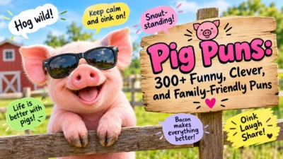 Cute pig in sunglasses with a Pig Puns sign and funny farmyard speech bubbles