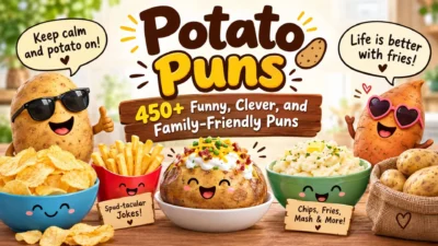 450+ funny potato puns with cheerful cartoon potatoes, fries, chips, and mashed potatoes