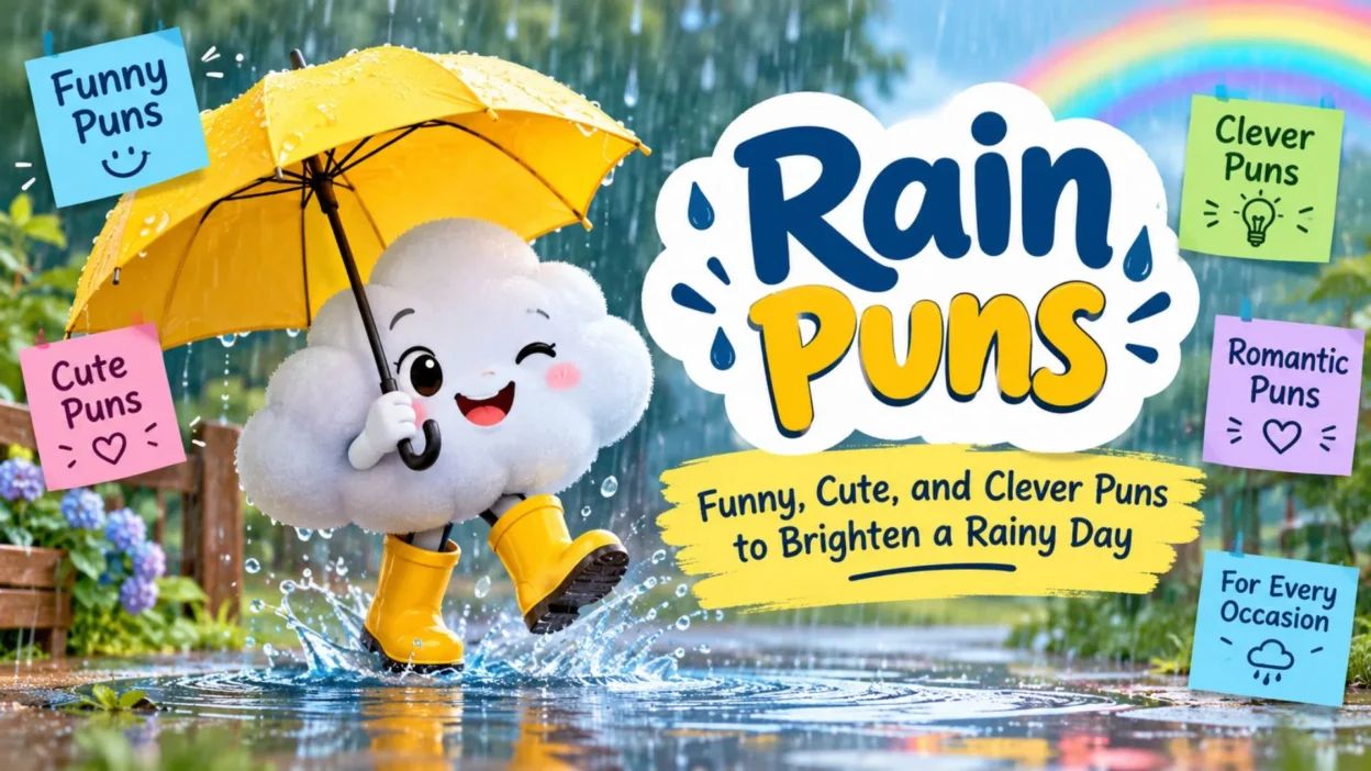 Rain puns featured image with a cute smiling cloud holding a yellow umbrella, playful captions, and colorful rainy-day scenery.