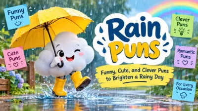 Rain puns featured image with a cute smiling cloud holding a yellow umbrella, playful captions, and colorful rainy-day scenery.