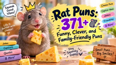 Funny rat puns with a cheerful rat holding cheese and playful family-friendly joke themes