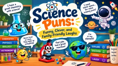 Science puns cartoon featuring a smiling atom, chemistry flask, astronaut, and funny science jokes.