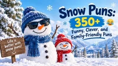 Snow puns with cheerful snowmen in a snowy winter landscape, featuring 350+ funny family-friendly puns
