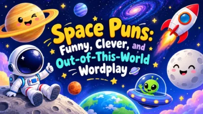 Space puns illustration with a cute astronaut, smiling planets, rocket, alien, and moon in a colorful galaxy.