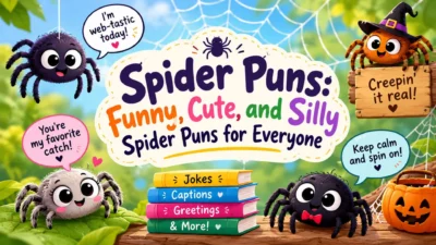 Funny spider puns banner featuring cute cartoon spiders, colorful speech bubbles, spider webs, and playful Halloween decorations.