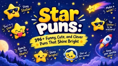 Star puns featuring cute cartoon stars, a rocket, and a colorful galaxy with funny, family-friendly wordplay.