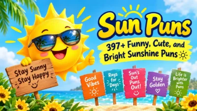 Funny sun puns illustration with a smiling sun wearing sunglasses and colorful beach signs about sunshine and good vibes.