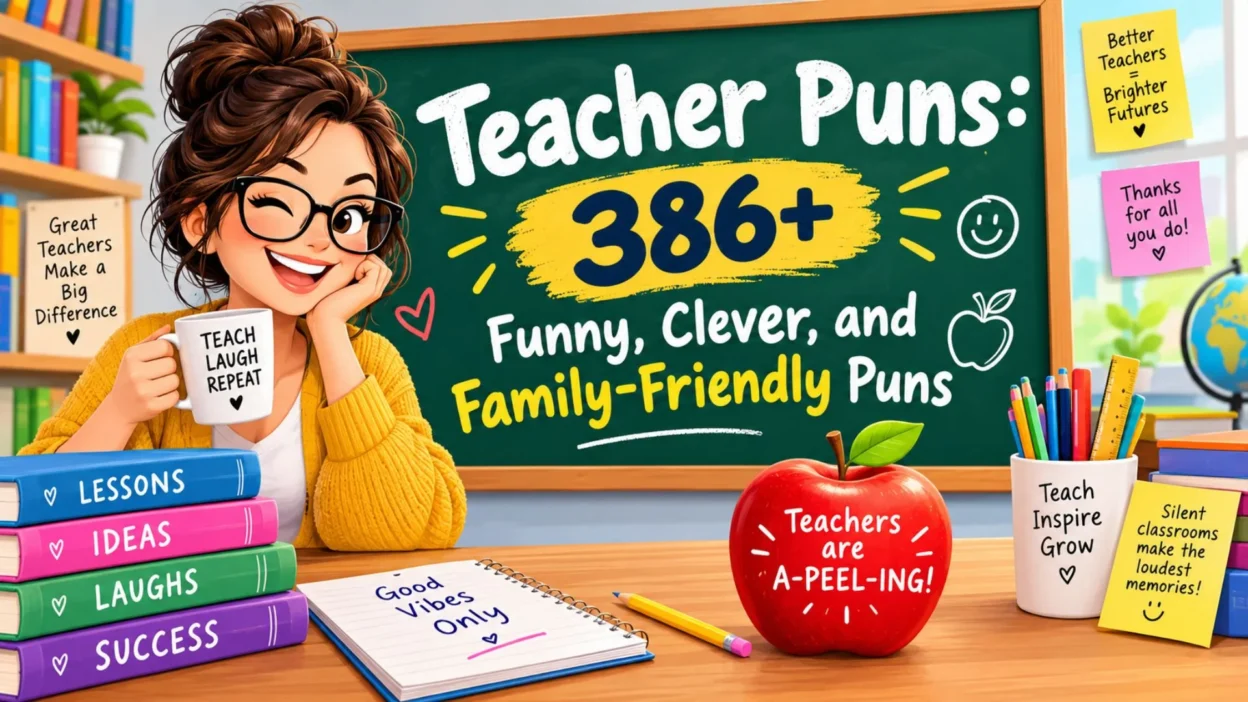 Funny teacher puns with a cheerful classroom, teacher, books, apple, and colorful school supplies