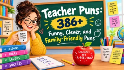 Funny teacher puns with a cheerful classroom, teacher, books, apple, and colorful school supplies