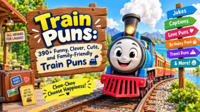A cheerful cartoon train with a wooden sign featuring 390+ funny, cute, and family-friendly train puns.