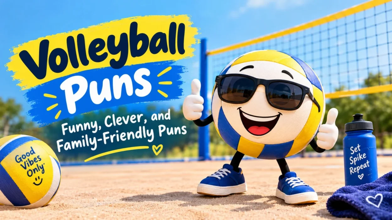 Funny volleyball puns with a smiling volleyball mascot on a sunny court