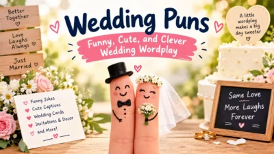Funny wedding puns featuring a cute bride and groom, wedding cake, flowers, and romantic decorations.